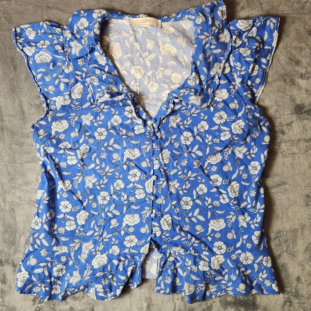 LOFT Blue Floral Cottagecore Ruffle Peplum Blouse Womens Large Button Front